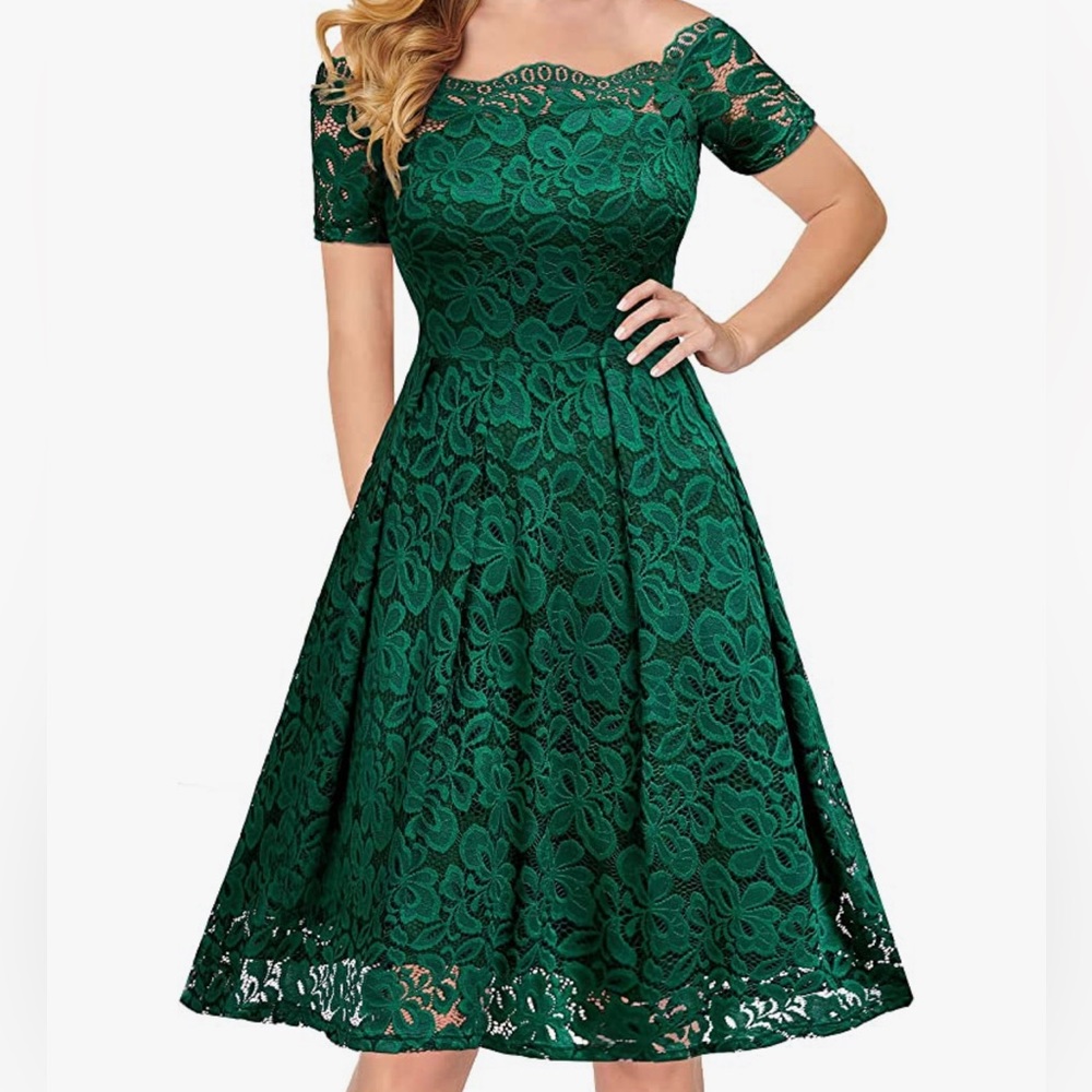 Floral Lace Short Sleeve Boat Neck Cocktail Party Swing Green Dress